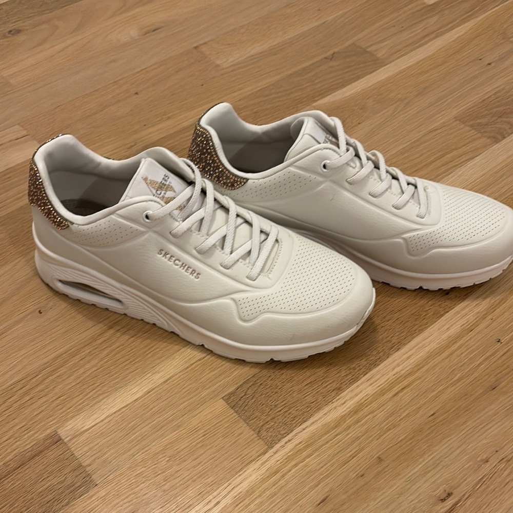 Skechers White and Gold Sneakers for Stylish Comfort